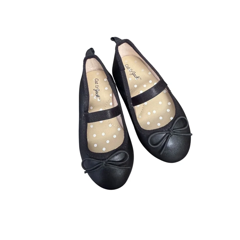 Cat &‎ Jack Girls Black Ballet Flats with Bow and Elastic Strap Size Toddler 6